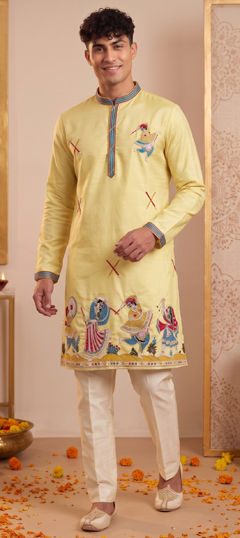 Yellow color Kurta Pyjamas in Silk fabric with Embroidered, Sequence work