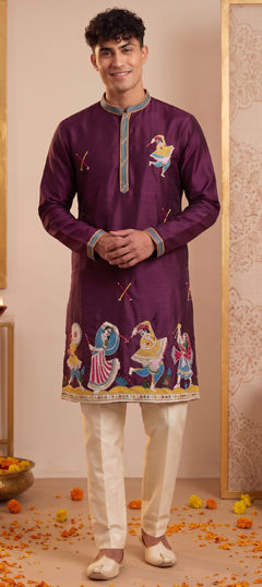 Purple and Violet color Kurta Pyjamas in Silk fabric with Embroidered, Sequence work
