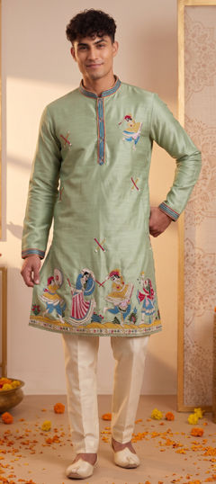 Green color Kurta Pyjamas in Silk fabric with Embroidered, Sequence work