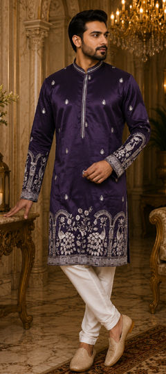 Purple and Violet color Kurta Pyjamas in Silk fabric with Embroidered work