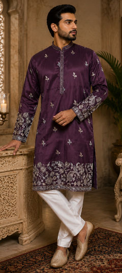 Red and Maroon color Kurta Pyjamas in Silk fabric with Embroidered work