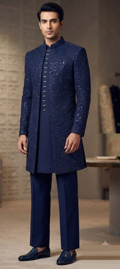 Blue color IndoWestern Dress in Art Silk fabric with Embroidered, Sequence work