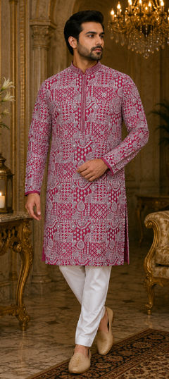 Pink and Majenta color Kurta Pyjamas in Tissue fabric with Embroidered work