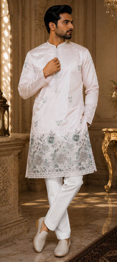 Pink and Majenta color Kurta Pyjamas in Silk fabric with Embroidered work