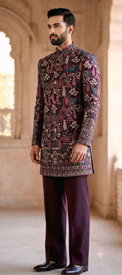 Purple and Violet color IndoWestern Dress in Art Silk fabric with Embroidered work