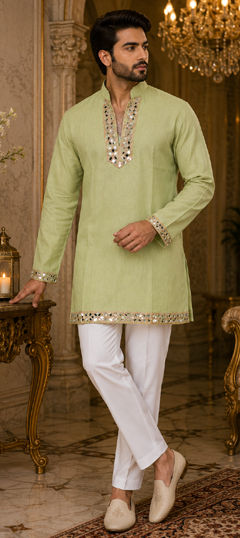 Green color Kurta Pyjamas in Crushed Silk fabric with Mirror work