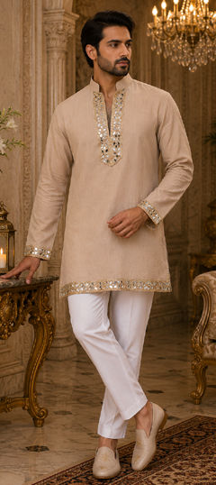 Beige and Brown color Kurta Pyjamas in Crushed Silk fabric with Mirror work