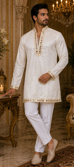White and Off White color Kurta Pyjamas in Tissue fabric with Mirror work