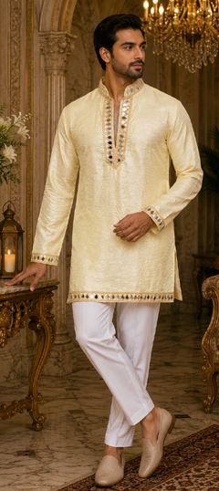 Beige and Brown color Kurta Pyjamas in Tissue fabric with Mirror work