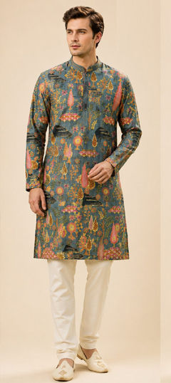 Black and Grey color Kurta Pyjamas in Art Silk fabric with Printed work