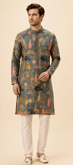 Black and Grey color Kurta Pyjamas in Art Silk fabric with Printed work