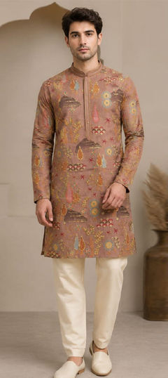 Beige and Brown color Kurta Pyjamas in Art Silk fabric with Printed work