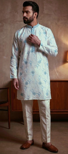Blue color Kurta Pyjamas in Silk fabric with Embroidered, Printed, Sequence work