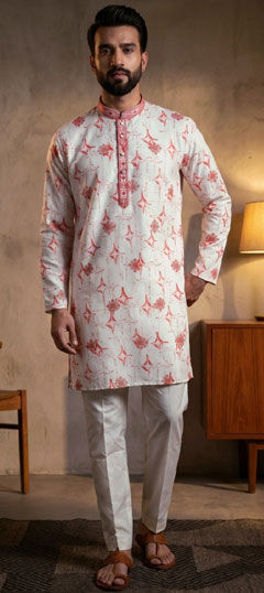 White and Off White color Kurta Pyjamas in Silk fabric with Embroidered, Printed, Sequence work