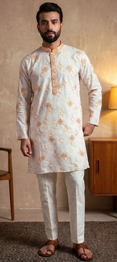 White and Off White color Kurta Pyjamas in Silk fabric with Embroidered, Printed, Sequence work