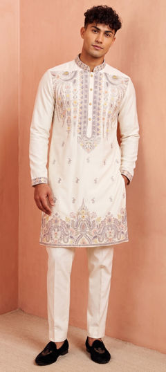 White and Off White color Kurta Pyjamas in Satin Silk fabric with Embroidered work