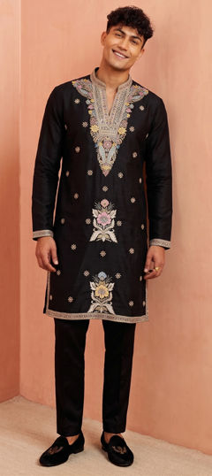 Black and Grey color Kurta Pyjamas in Satin Silk fabric with Embroidered work