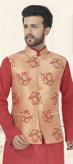 Pink and Majenta color Nehru Jacket in Art Silk, Brocade fabric with Weaving work