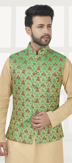 Green color Nehru Jacket in Art Silk fabric with Embroidered work