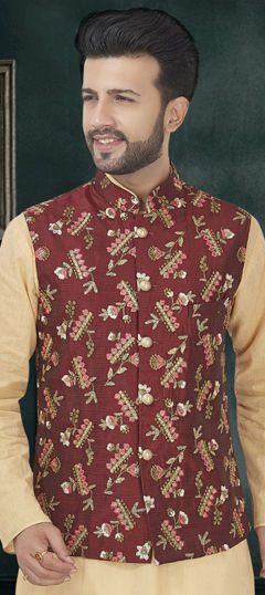 Red and Maroon color Nehru Jacket in Banarasi Silk fabric with Embroidered work