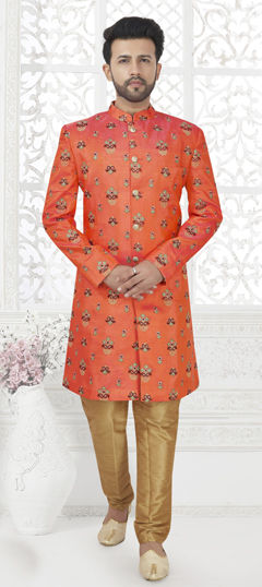 Orange color Sherwani in Art Silk fabric with Embroidered work