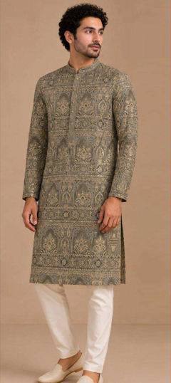 Black and Grey color Kurta Pyjamas in Art Silk fabric with Printed work