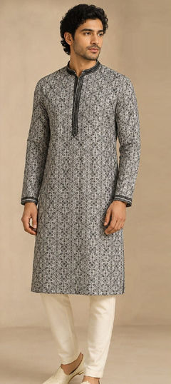 Black and Grey color Kurta Pyjamas in Art Silk fabric with Printed work