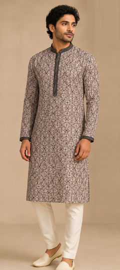Beige and Brown color Kurta Pyjamas in Art Silk fabric with Printed work