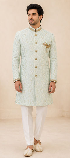 Green color IndoWestern Dress in Brocade fabric with Broches, Lace, Zari work