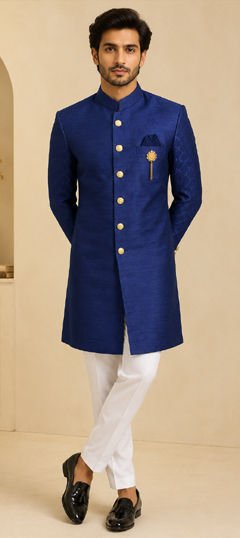 Blue color IndoWestern Dress in Silk fabric with Broches work