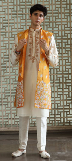 White and Off White, Yellow color Kurta Pyjama with Jacket in Dupion Silk fabric with Aari, Moti work