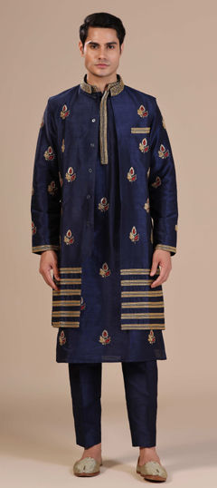 Blue color Kurta Pyjama with Jacket in Raw Silk fabric with Cut Dana, Sequence work