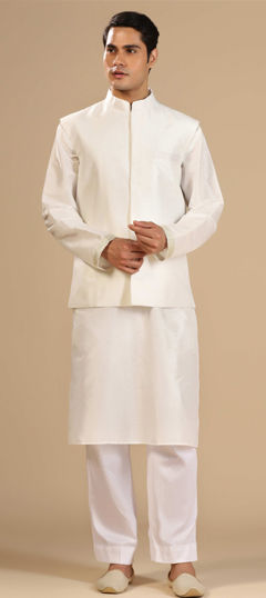 White and Off White color Kurta Pyjama with Jacket in Dupion Silk fabric with Aari, Embroidered, Thread work