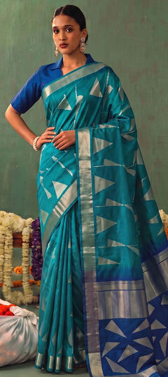 Green color Saree in Silk fabric with Weaving work