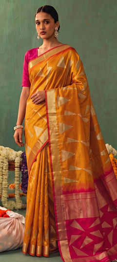 Orange color Saree in Silk fabric with Weaving work
