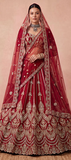 Red and Maroon color Lehenga in Silk fabric with Bugle Beads, Cut Dana, Embroidered, Sequence work