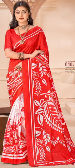 Red and Maroon, White and Off White color Saree in Silk fabric with Printed work