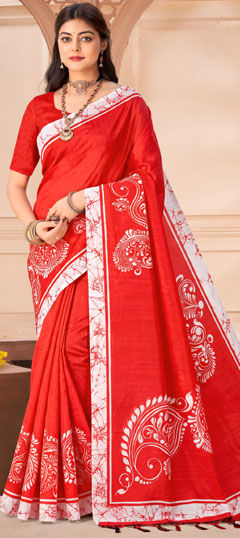 Red and Maroon, White and Off White color Saree in Silk fabric with Printed work