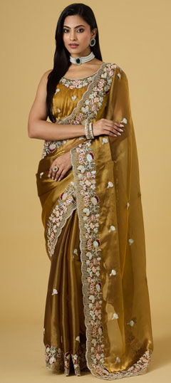 Gold color Saree in Chinon Silk fabric with Embroidered, Sequence, Thread work