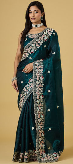 Blue color Saree in Chinon Silk fabric with Embroidered, Sequence, Thread work