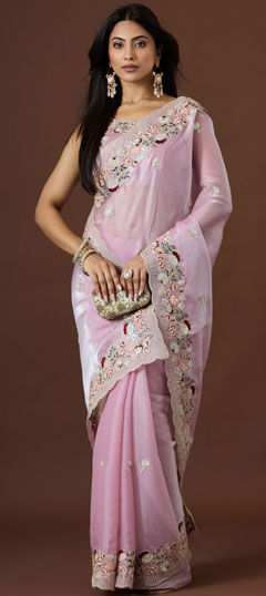 Pink and Majenta color Saree in Chinon Silk fabric with Embroidered, Sequence, Thread work