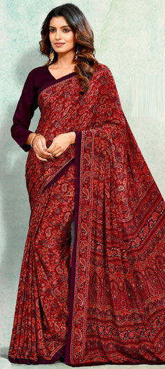 Red and Maroon color Saree in Crepe Silk fabric with Printed work