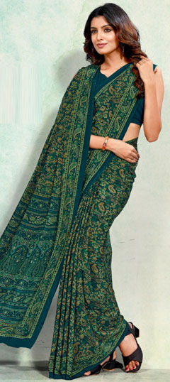 Blue color Saree in Crepe Silk fabric with Printed work