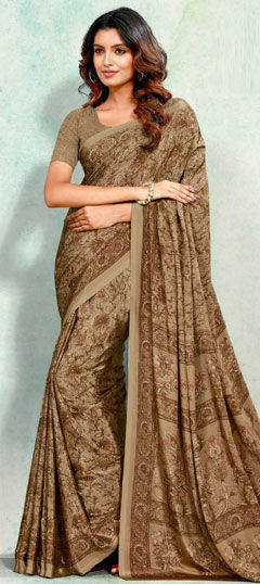 Beige and Brown color Saree in Crepe Silk fabric with Printed work