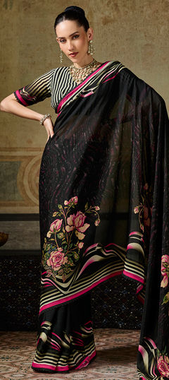 Black and Grey color Saree in Georgette fabric with Floral, Lace, Printed work
