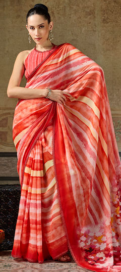 Orange color Saree in Georgette fabric with Floral, Lace, Printed work