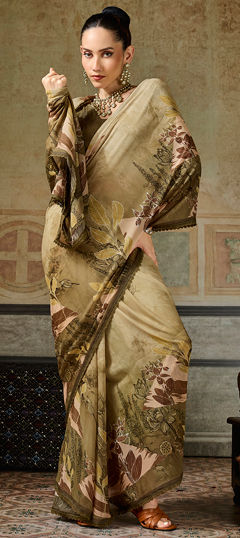 Green color Saree in Georgette fabric with Floral, Lace, Printed work