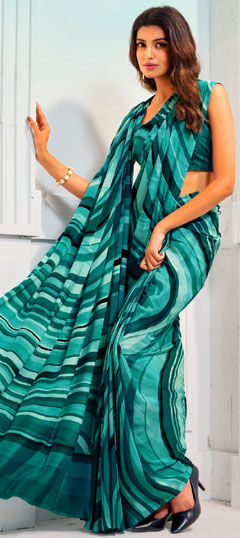 Blue color Saree in Crepe Silk fabric with Printed work