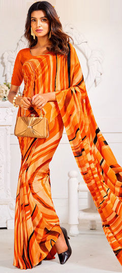 Orange, Yellow color Saree in Crepe Silk fabric with Printed work
