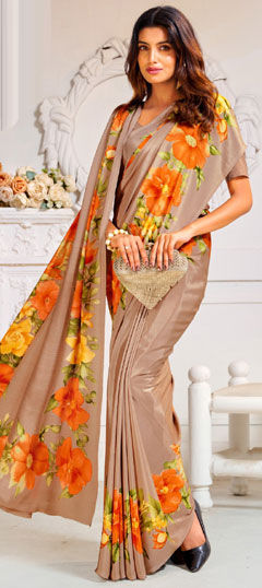 Purple and Violet color Saree in Crepe Silk fabric with Floral, Printed work